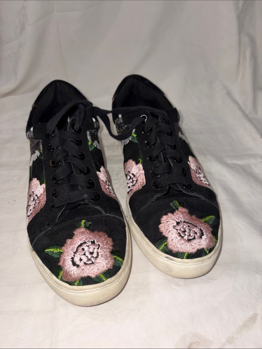 Rebecca Minkoff Black Sneakers with Pink Floral Embroidery